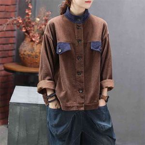 Autumn Arts Style Women Loose Coat Patchwork Retro Corduroy Jackets All-matched Casual Stand Collar Coats Ladies Clothes D407 210512