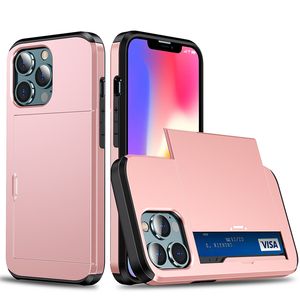 iPhone 14 Pro Max 13の携帯電話ケース12 11 XS XR X 8 7 PLUS DELUXE PC TPU ARMORケース保護クレジットカードホルダースライドデュアルレイヤーハードカバー