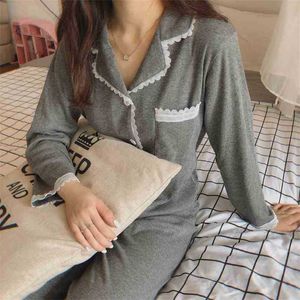 Chic Minimalist Dantel Pamuk Artı Boyutu Suit Gecelikler Tatlı Yumuşak Rahat Homewear Gevşek Moda Pijama Iki Parçalı Setleri 210525