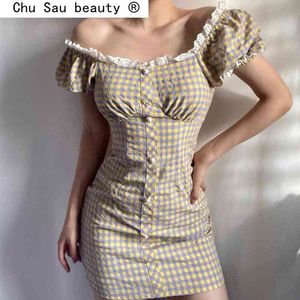 Moda French Style Koronki Patchwork Plaid Drukuj Mini Sukienka Kobiety Vintage Chic Square Collar Suknie Kobiet Vestidos 210508
