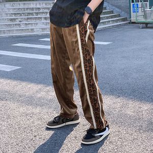 Men's New Stitching Leopard Print Ribbon Casual Pants Loose Straight Silk Wide Leg Pants Joggers Sweatpants Streetwear Trousers P0811