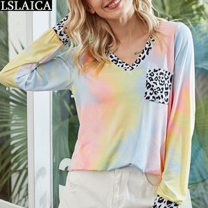 티셔츠 여성 V 넥 긴 소매 ops 레오파드 다채로운 패치 워크 셔츠 캐주얼 느슨한 IE-Dye 210520