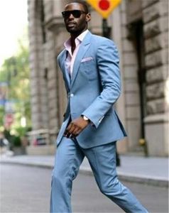 Erkek Takım Elbise, Açık Mavi Tasarım toptan satış-Erkekler Takım Elbise Blazers Son Ceket Pantolon Tasarımları Açık Mavi Keten Rahat Custom Made Erkekler Için Sokak Stil Slim Fit Parça Terno Masculin