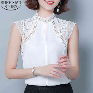 Round Neck Womens and Blouses Sweet Lace Shirt Fashion Sleeveless Top Women Solid Tops Chiffon Clothing 8847 50 210417
