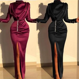 Sexy Splits Long Sleeve Maxi Dress High Neck Ruched Thigh Slit Evening Gown Satin Party es Femme Robe Vestido 210517