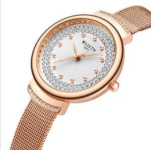 Wlisth Brand Watch Crystal Diamond Starting Starning Standasting Quartz Womens Watch快適なメッシュバンド耐摩耗性の輝く女性時計