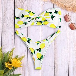 Mulheres de banho das mulheres Strapless Backless acolchoado Lemon Imprimir Low cintura Mulheres Bikini Set