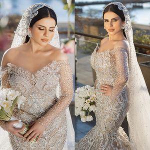 Lussuosi abiti da sposa a sirena Dubai Paillettes Perle Abito da sposa Applicazioni in pizzo su misura Ricamo Perline Abiti da sposa