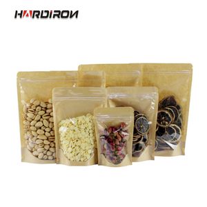 Hardironの厚い前部透明クラフト紙袋ナット茶の自立ジップロックパッケージバッグジッパーロックのビニール袋