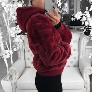 DIHOPE Faux Pelz Frauen Mantel Mit Kapuze Hohe Taille Mode Schlanke Schwarz Rot Rosa Jacke Gefälschte Kaninchen Mäntel 211220