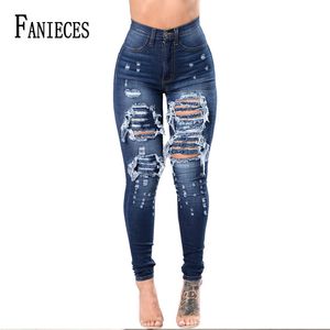 Kadın Kot Yüksek Bel Giyim Yırtık Delik Streç Jean Ince Bayanlar Tam Boy Dar Bacak Kalem Pantolon Moda Streetwear 210520