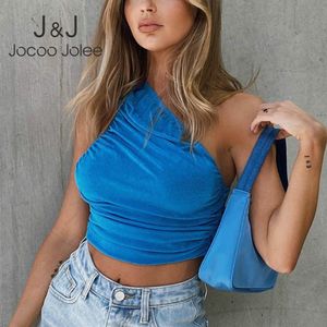 Jocoo Jolee Casual Solid Ärmlös Beskuren Toppar Kvinnor Sexig En Shoulder Ruched Coret Tanks Elegant Party Pleated Vest Tunic 210518