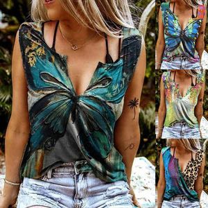 Mulheres casual colete tops verão borboleta flora impressão v pescoço t-shirt sexy solta mangablouse camisa feminina tanque roupa x0507