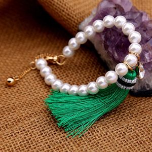Fransen Perlen großhandel-Grüne Fransen Quaste Anhänger Simulierte Perlenarmband Ethnische Schmuck Frauen Strang Zubehör Perlen Strangs