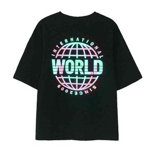 IEFB /メンズウェア夏のブラックTシャツの男性の韓国の反射印刷された緩い半袖コットントップビッグサイズY2230 210524