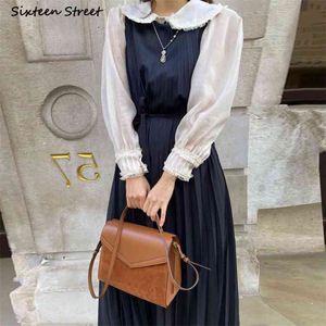 2 sztuka sukienka kobieta biała bluzka i bez rękawów es koreańska odzież moda ciemnoniebieskie eleganckie zestawy wiosna 210603