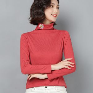 Camisas Coreanas de Algodão Camisas Mulheres Manga Longa Turtleneck T-shirt Tops Outono Inverno Básico Estiramento T Camisa Ladies Top Plus Tamanhos 210427