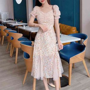 Damska Francja Lato Tulle Łączenie Szyfonowe Kwiaty Wróżka Dress Elegancka Vintage Rękaw Puff Slim Talii Midi 210519