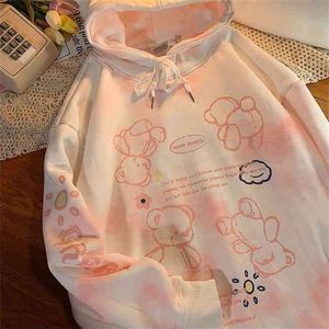 봄 가을 넥타이 염료 까마귀 여자 두꺼운 따뜻한 귀여운 핑크 대형 스웨트 셔츠 두건이 된 하라주쿠 빈티지 풀오버 210909