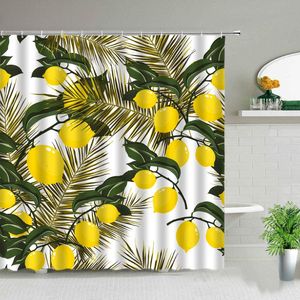 Shower Curtains Summer Fruit Curtain Set Yellow Flower Green Leaves Pattern Waterproof Bathroom Decor Hanging With Hooks