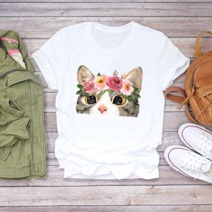 Женская футболка женская кошка цветок принт с коротким рукавом забавная мода одежда летняя рубашка футболки Top T графические женские женские женские тройники