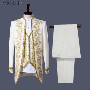 Luxury Gold Embroidery White Suit Men Stand Collar Mens 3 Piece Blazer Stage Prom Wedding Grooms Singer Costumes Jacket Homme XL 210522