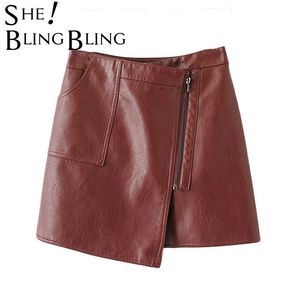 Skirts SheBlingBling Autumn Women Fashion A-Line Faux Leather PU Mini Empire Female Black Asymmetrical Pocket High Waist Zip Skirt