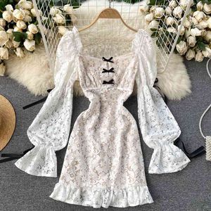 Elegant retro mini dress lace short sexy A-Line Solid for womens puff sleeve waist bag hip fishtail white party 210420