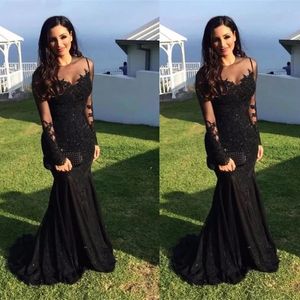Black Long Sleeve Mermaid Mother Dresses Modest Lace Appliques Sequined Sheer O-Neck Formal Evening Party Prom Gowns Custom Made