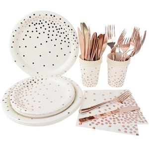 Disposable Dinnerware Rose Gold Dot Paper Plates Cups Napkins Tableware Birthday Party Supplies For Wedding Decoration