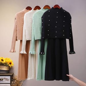 Winter Design Suit Dresses Warm Bodycon Robe Vestidos autumn Beaded vest long sleeve knitted sweater dress women two sets 210420