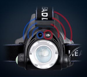 Wodoodporna inteligentna czujnik reflektor XM-L T6 LED Headlamp Zoom Rechargeable 18650 Głowica baterii Light Light Latarka Ładowarka do łowienia Łowienie ryb