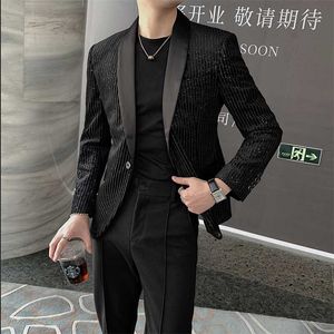 Spring Men Blazers Striped Casual Suit Jacket Sequins Stage Singer DJ Dress Coat Slim Fit Streetwear Social Costume Homme 211120