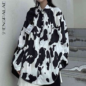 Cow Pattern Blouse Women's Spring Lapel Large Size Single Breasted Long Sleeve Shirt Female Trendy 5B877 210427