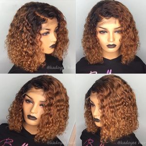 Curto ombre marrom encaracolado perucas bob de profundidade cabelo humano 13x4 realce peruca dianteira de renda sintética colorida para mulheres negras