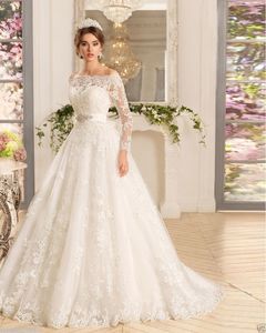 A-Line Elegante lange Ärmel Spitze Appliques Slim Kleid Brautkleid mit Perlen Sash Train Tulle Robe de Mariée Plus Größe Sonderanfertigte Vestido de Novia