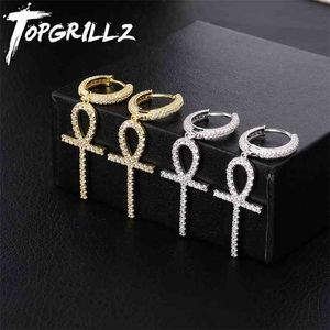 Topgrillz Iced Zircon Ankh Cross Earring Gold Silver Color Micro Paled AAA Bling CZ Stone Earrings For Man Women Hip Hop Jewelry 210616
