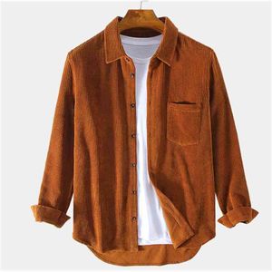 Mens Plain Style Corduroy Solid Color Casual Long Sleeve Shirts Turn-down Collar Pockets Shirts for Men Clothes 210527