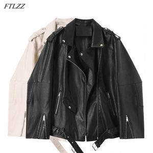 Primavera Outono PU Jaqueta de Couro Mulheres Moto Biker Lapela Zipper Faux Coat Macio Casual Outwear solto com cinto 210430