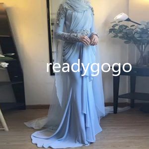 Dubai Kaftan Arabiska Långärmad Prom Klänning 2022 Blommor Beaded Chiffon Light Blue Muslim Evening Kakor Abiye Gece Elbisesi