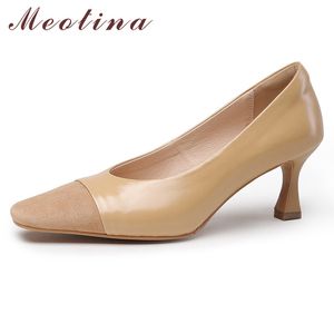 Meotina Real Leather High Heel Pumps Women Square Toe Stiletto Heels Shoes Dress Footwear Female Apricot Brown Plus Size 33-40 210520