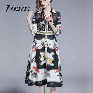 FANIEIES女性夏秋バロック様式のドレス高品質ファッション高級プリントビンテージロングマキシ滑走路ドレスローブフェムミ210520