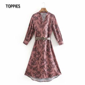 Toppies Spring Autumn Print Skirt Dress Belt Fashion Silk Satin V-Neck A-Line Dress Long Sleeve Casual Loose Womens Clothing 210412