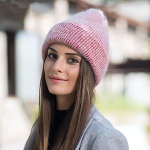 simple Girl Rabbit fur Knitted Hat for Women Winter Skullies Beanie Warm wool Cap Gorros Female Cap
