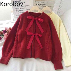 Korobov Winter Korean Sweet Lacing Bow Women Cardigans Korean Office Lady O Neck Puff Sleeve Sweater Preppy Style Sueter Mujer 210430