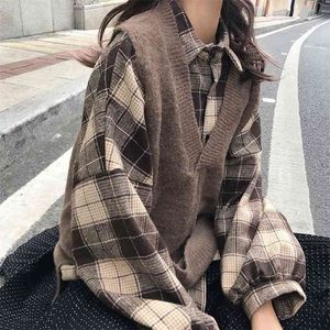 Lazy stickad väst Kvinnors lös japansk stil Koreansk version V-Neck Ärmlös Pullover Tröja för höst och vinter 210427