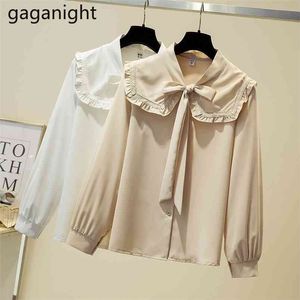 Spring French Tender Peter Pan Collar Bow Solid Blouses Single Breasted Women Shirts Long Sleeve Ladies Tops Chiffon 210601