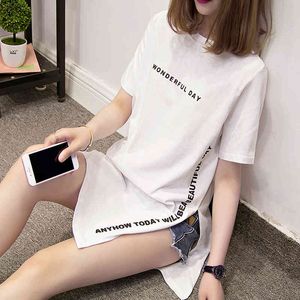 여성 멋진 하루 인쇄 긴 T 셔츠 느슨한 슬릿 femme tops 코튼 티셔츠 짧은 소매 숙녀 티셔츠 221C 210420