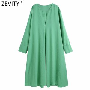 Kadın Moda V Boyun Uzun Kollu Yeşil Renk Midi Elbise Kadın Chic Gevşek Vestido Düz Kimono Elbiseler DS8282 210420