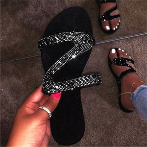 Sommer Kristall Flache Sandalen Frauen Slipper Buchstabe Z Pailletten Band Hausschuhe Offene spitze Rutschen Damen Mode Strand Rutschfeste Schuhe Große Größe 007